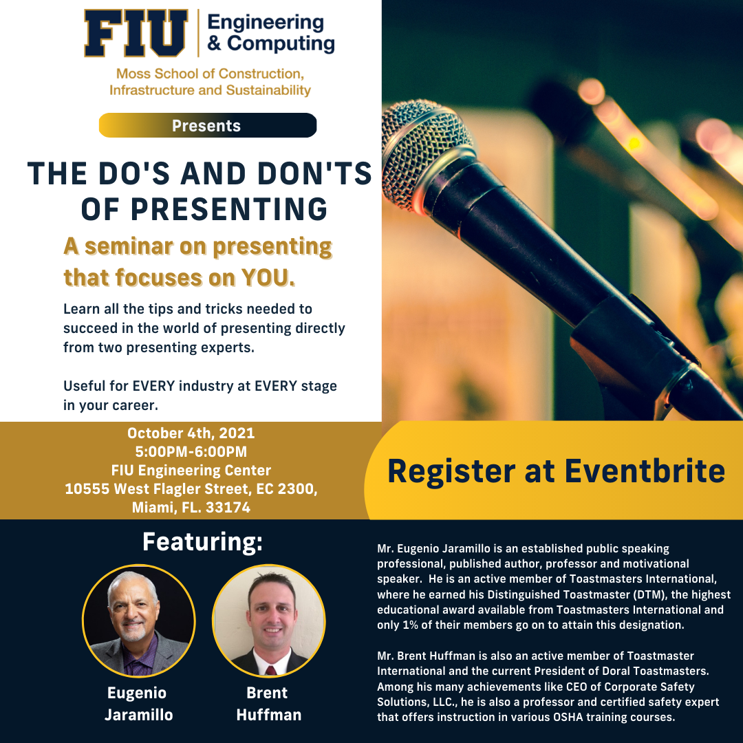This is a flyer for a do's and don'ts of presenting seminar at FIU